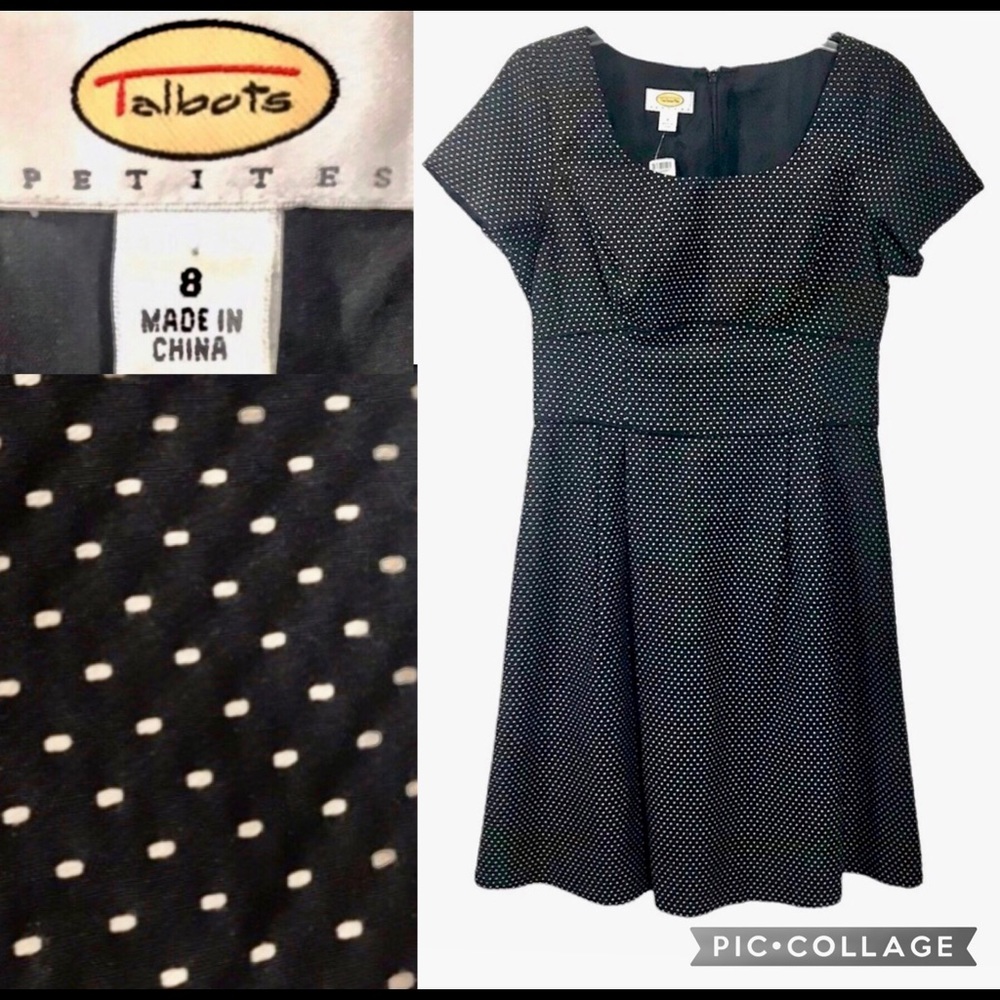 🆕 Talbots Petites 8P 8 petite black & white polka dot retro skater dress NWT!